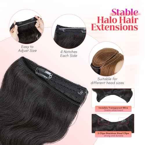 Rich Choices Halo Hair Extensions Real Human Hair Wave Invisible Wire In Hair Extensions Remy Human Hair Clip in Hairpiece One Piece 18 Inch #1B Natural Black