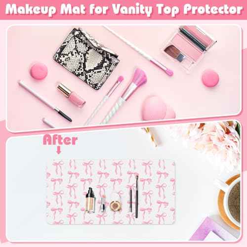 Coquette Bow Makeup Mat for Vanity Top Protector, Christmas Dual Sided Leather Vanity Waterproof Desk Pad Dressing Mat Nonstick Gifts for Women Home Office Decor(Pink,11.8" X 23.6")