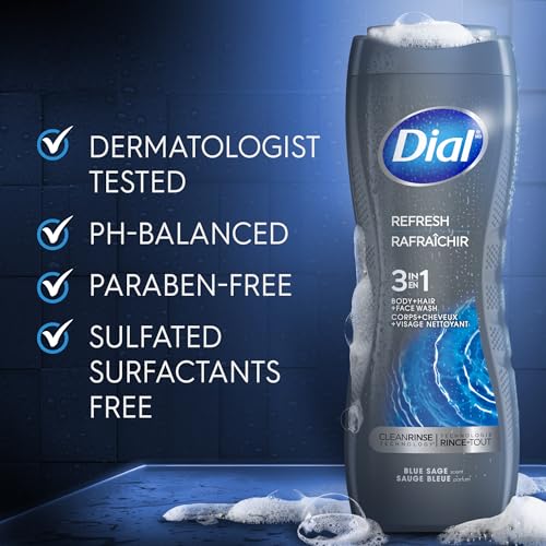 Dial Men 3 in 1 Body, Hair and Face Wash, Refresh, 16 Fl Oz (Pack of 4), Blue Sage Scent, Cleanses Deep + Gentle on Skin with Clean Rinse Technology