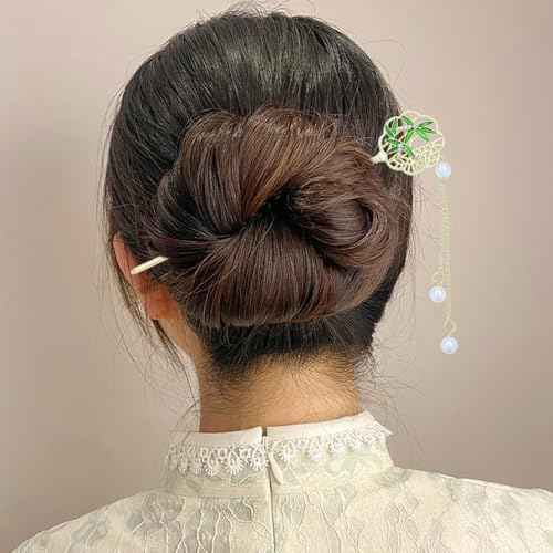 inSowni 8 Pieces Vintage Retro Asian Chinese Hanfu Gold Metal Hair Sticks Pins with Pearl Pendants Bamboo Leaf Flower Fishtail Hair Chopsticks Forks Bun Updo Holders Long Hairpins for Women Girls