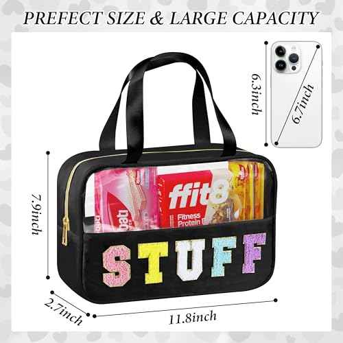 Snack Bag for Travel, Chenille Letter Clear Makeup Bag, 11.8" x 7.9" Nylon & PVC Waterproof Cosmetic Pouch with Handle and Zipper, Cute Preppy Storage Organizer Pouches for Women Girls (Stuff Black)