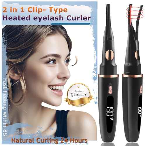 Heated Eyelash Curlers - 2 in 1 Clip- Type Heated lash Curler Best Seller Electric Eyelash Curler LED Display 3 Temp Settings for Makeup Tools USB Rechargeable Natural Curling 24H Long Lasting AD