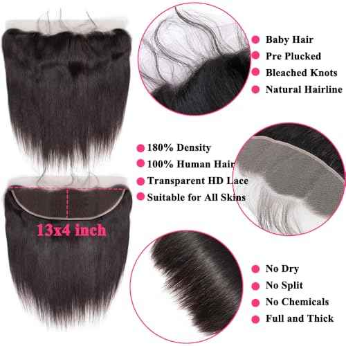 12A Straight Bundles with Frontal Human Hair 20 22 24+18 Inch Brazilian Human Hair Bundles with Frontal 100% Unprocessed Virgin Weave Hair with 13x4 HD Lace Closure