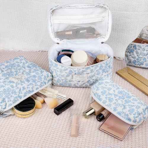 Makeup Bag Set, Quilted Makeup Bag, Large Floral Cosmetic Bag for Women, Cute Cotton Makeup Bags, Flower Travel Toiletry Organizer Bag (Blue Flower)