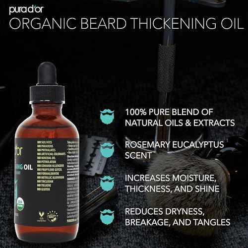 PURA D'OR 4 Oz Thickening Beard Oil ? Moisturizing Blend with Rosemary, Biotin & Castor Oil ? Increases Moisture, Thickness and Shine - Reduces Dryness and Breakage