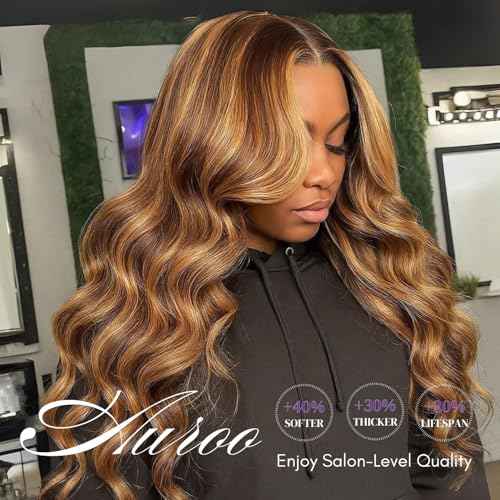 Honey Blonde Highlight Body Wave Single Bundles 28inch Human Hair, 12A 100% Unprocessed Virgin P4/27 Ombre Brown Brazilian Wavy Weaves Thick Track Balayage Colored Human Hair Bundles Remy Sew In