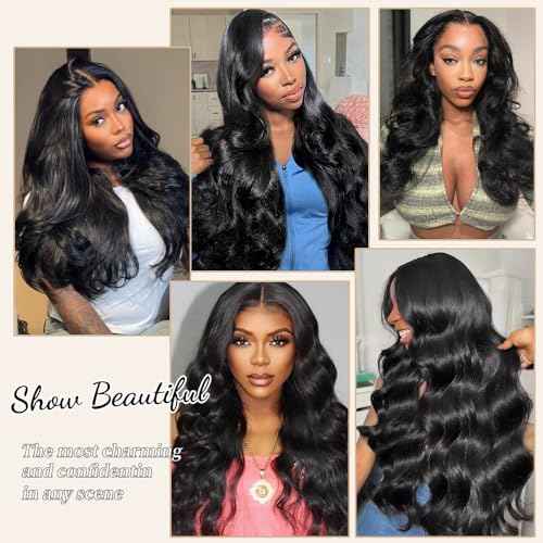 13x6 Body Wave Lace Front Wigs Human Hair Pre Plucked Real Human Hair Wigs 200 Density HD Transparent Lace Frontal Wigs Natural Black Glueless Wig 24 Inch