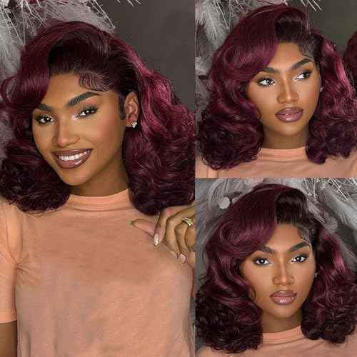 250% Full Density 99J Burgundy Lace Front Wigs Human Hair 13x4 Short Bob Wigs Human Hair Glueless Wear and Go Loose Deep Wave Wig Pre Plucked Pre Bleached Red Wig Human Hair (18inches)