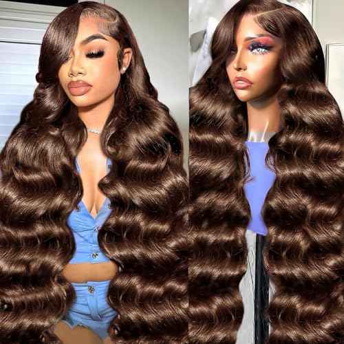 GOLFMAX Body Wave Lace Front Wigs Human Hair Chocolate Brown Lace Front Wig Human Hair 13x6 Transparent Lace Front Wigs Human Hairs Wigs For Black Women 4# Brown Wig 24 Inch