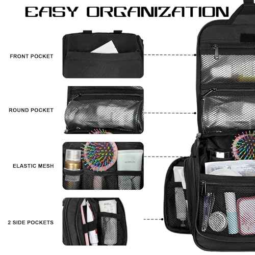 Goloni Hanging Toiletry Bag with Hook, Large Makeup Bag Travel Organizer, Water-Resistant Hanging Cosmetic Bag with 10 Compartments for Women & Men,Black