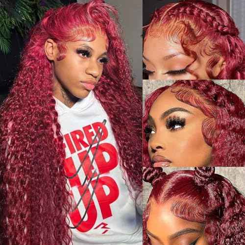 Burgundy Lace Front Wigs Human Hair 13x6 Deep Wave Lace Front Wigs Human Hair 180 Density Red Colored Wigs Human Hair for Black Women 99j Curly Lace Frontal Wigs (24 Inch)