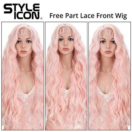 Style Icon Easy-360 Lace Wigs 30" Free Part Lace Frontal Wigs Long Water Wave Wig Pink Synthetic Wig (30 Inches, PINK9)