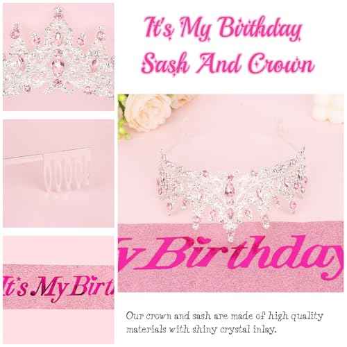 CURASA Birthday Sash and Crown - Pink Birthday Tiara for Women - Princess Crown Party Favors