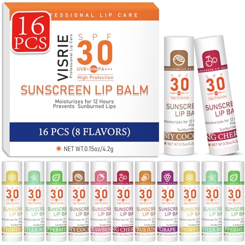 SPF 30 Lip Balm with Sunscreen, SPF Lip Balm Bulk Travel Size-16 Pack, Hydrating Lip Balm Pack with Vitamin E and Coconut Oil- 8 Flavors