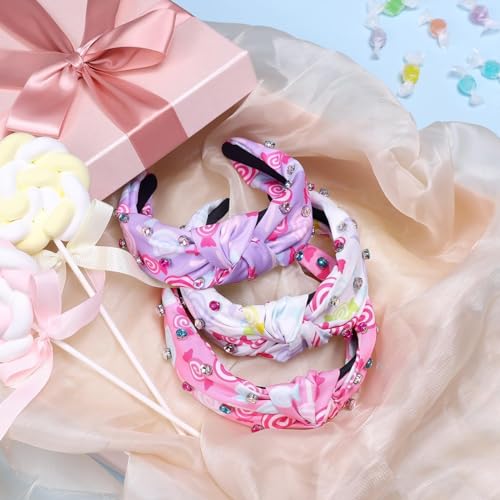 CiyvoLyeen Candy Land Headband for Women Ribbon Knotted Lollipop Jeweled Rhinestones Hairband Headband Fashion Hair Accessories for Women Valentine's Day Gift