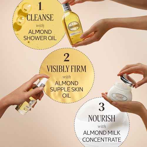 L¡¯Occitane Softening Almond Trio Gift Set, Holiday Skincare Essentials with Body Oils & Milk, Moisturizing Travel-Sized Daily Care for Smooth Skin