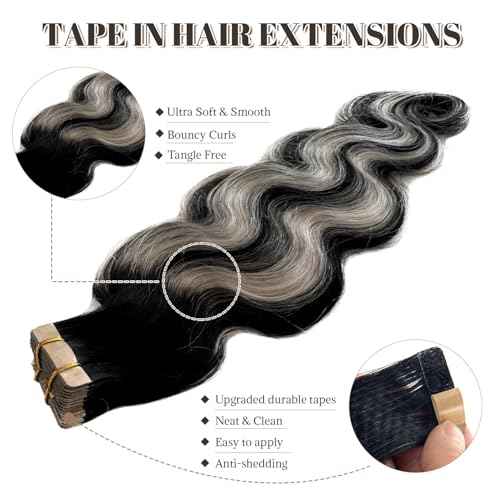 Tape in Hair Extensions Human Hair 24 Inch Body Wave Black Hair Balayage Silver Grey Highlights Hair Extensions Real Human Hair Tape ins for Black Women 20 PCS Double Sided Tape Hair Extension 50G