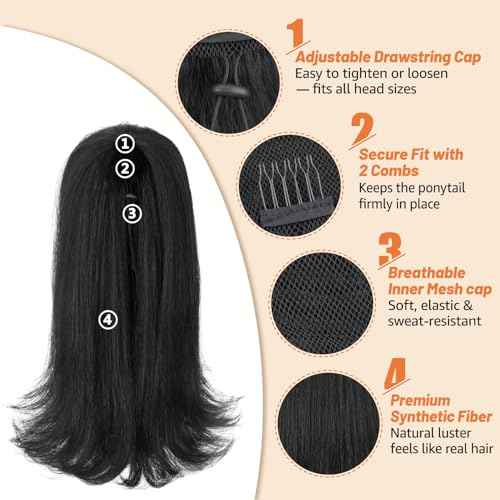 Drawstring Ponytail Extension for Black Women 14 Inch Yaki Kinky Straight Ponytail Flick Style Hairpiece Synthetic Natural Black
