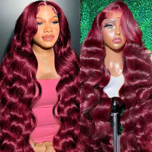 26 Inch 99j Burgundy Lace Front Wigs Human Hair 13x6 Body Wave Lace Front Wigs Human Hair Pre Plucked 180% Density Glueless Wine Red Lace Front Wigs for Women