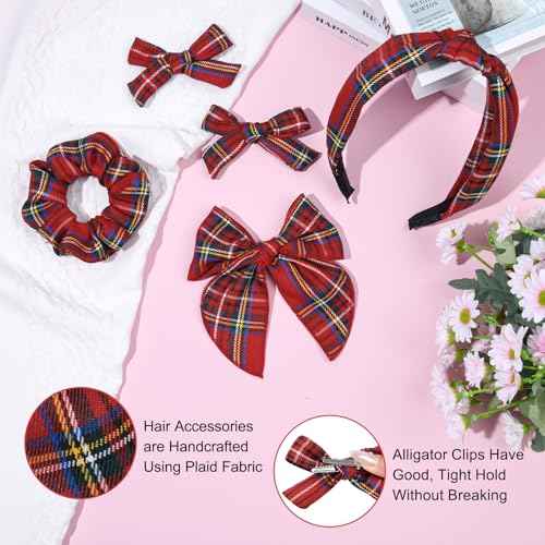 DEEKA School Uniform Plaid Hair Bows & Knotted Plaid Headband & Scrunchies Fable Hair Bow Set Alligator Clips for Toddler Girls Hair Accessories for Little School Girls (Christmas)