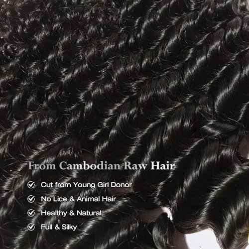 ASHINE Human Hair Bundle Deep Wave Unprocessed Cambodian Raw Hair 22 Inch, Flip Over Quick Weave Wet and Wave Bundles for Women Natural Black