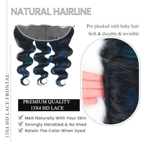 ALHER #1B/BlueBody Wave 13x4 Lace Frontal Human Hair, Black Mix Blue HD Transparent Lace Frontal Closure Ear to Ear 100% Virgin Remy Human Hair for Black Women 150% Density 12 Inch