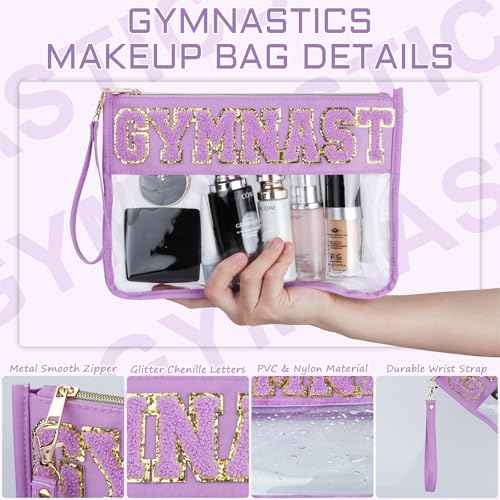 2 Pcs Gymnastics Gifts Cosmetic Makeup Bag with Chenille Letter Patch, Clear Pouch PVC Organizer Purse, Waterproof Travel Bag, Portable Toiletry Storage Bag for Her Girls Friends Women