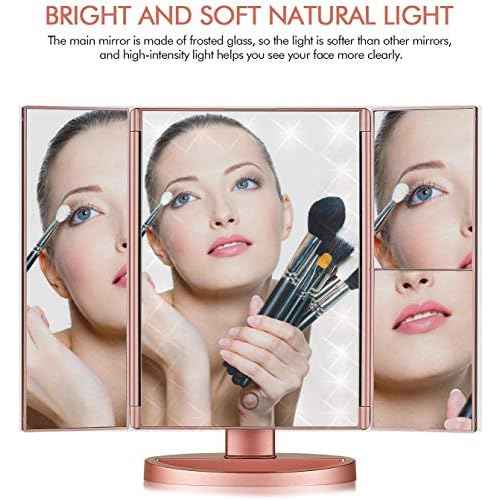 Trifold Makeup Mirror Vanity Mirror with Lights,1X 2X 3X Magnification,Touch Screen,180 Adjustable Rotation,Portable Travel Bathroom Cosmetic Mirror