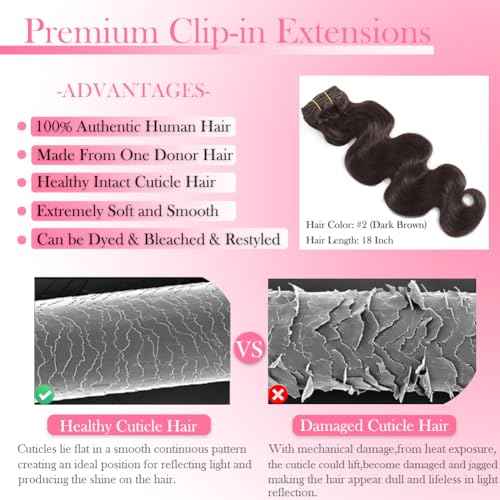 Dark Brown Clip in Hair Extensions Real Human Hair 8Pcs 130g with 18 Clips Body Wave Human Hair Clip in Extensions for Women Full and Thick Brown Wavy Human Hair Extensions (#2,22 Inch)