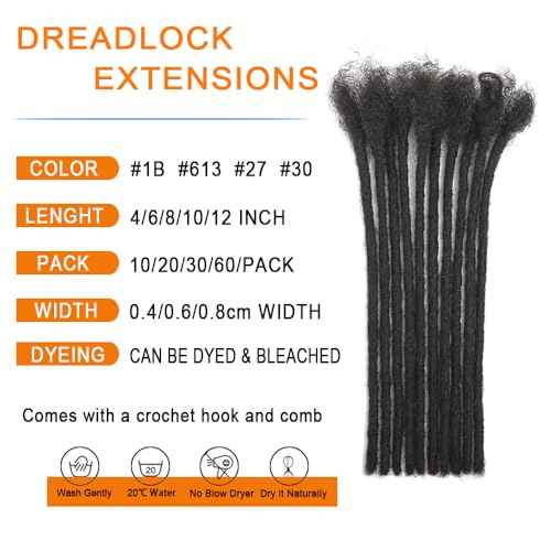 Dreadlock Extensions Human Hair 0.6cm Thickness 18 Inch 60 Strands 100% Real Human Hair for Man/Women/Kids Full Handmade Permanent Loc Extensions Bundles Can Be Dyed Bleached Curled and Twisted