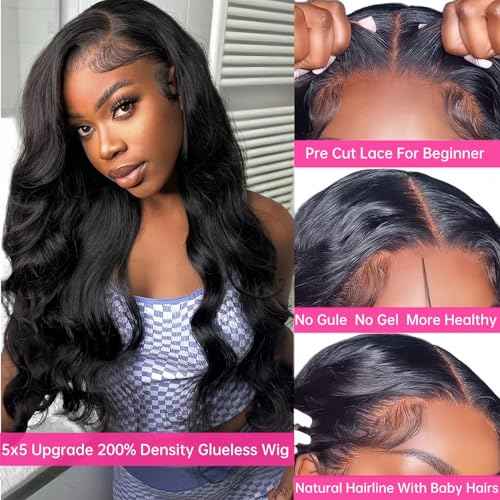 Glueless Wigs Human Hair Pre Plucked Pre Cut 5x5 Closure Wigs Human Hair For Beginners 200 Density HD Lace Front Wigs Body Wave For Black Women With Baby Hair (Glueless Wig, 22 Inch)