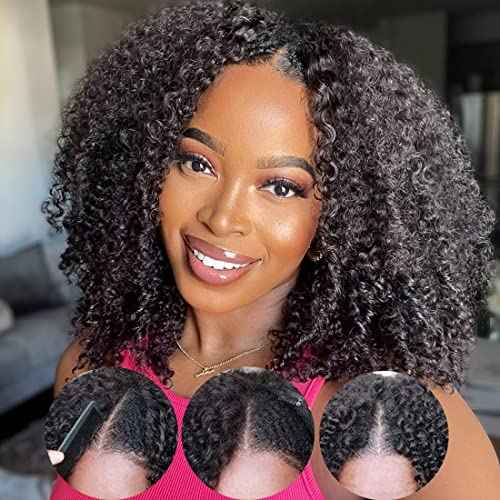 Nadula V Part Wig Kinky Curly Human Hair No Leave Out Glueless Upgraded U Part Wigs for Women,10A Malaysian Afro Curly V-part Wigs V Shape Clip in Half Wig Beginner Friendly 150% Density 14inch