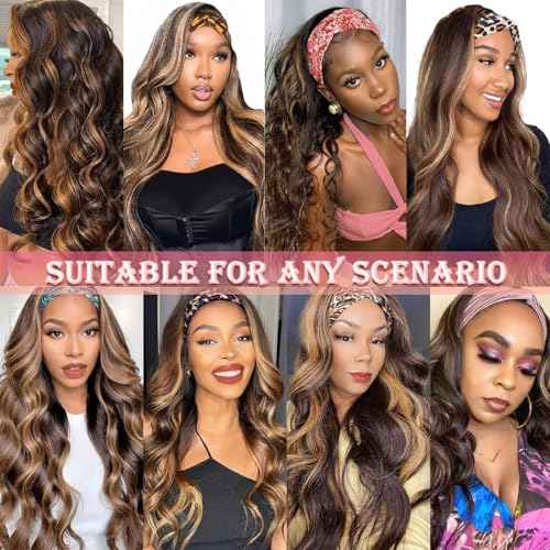 Highlight Ombre Headband Wig Human Hair 4/27 Highlight Body Wave Wigs Human Hair for Black Women Wear and Go Glueless None Lace Front Wigs Brazilian Virgin Headband Wig Human Hair 22 Inch