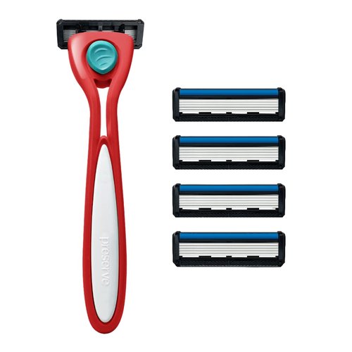 Preserve Shave 5 Five Blade Refillable Razor, Made from Recycled Materials, Poppy Red, with 4 Count Wave Replacement Cartridges for Unisex Use