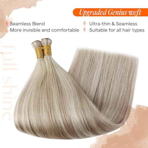 Full Shine Genius Weft Hair Extensions Color Ash Blonde Mix Bleach Blonde Human Hair Weft Sew In Invisible hair weft extensions Real Hair Hand Tied Extensions 22 Inch 80G