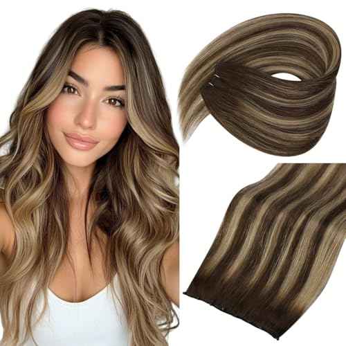 Sunny Hair Beaded Weft Hair Extensions Human Hair Balayage Micro Weft Human Hair Extensions 16inch Invisible Micro Wefts Real Hair Extension Chocolate Brown Roots to Caramel Blonde Mix Brown 50g