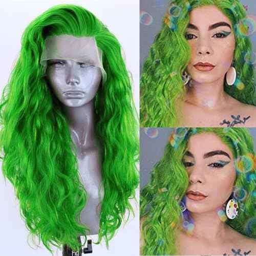RONGDUOYI Green Long Wavy Synthetic Lace Front Wigs for Women with Side Part Pre Plucked Loose Wave Wig Heat Friendly Fiber Hair Halloween Costume Cosplay Wig 24Inch
