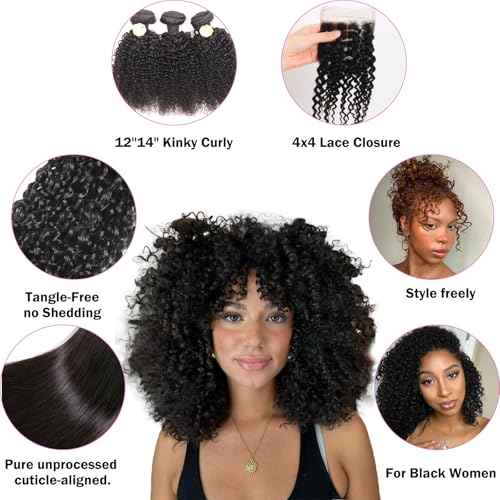 12A Brazilian Virgin Kinky Curly Human Hair Bundles 3 Pcs 14 Inch Bundle with 4x4 Lace Closure 100% Unprocessed Brazilian Vrigin Human Hair Curly Extensions for Black Women Natural Color