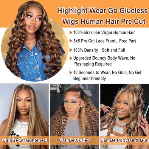 Highlight Ombre 5x5 Pre Plucked Pre Cut Lace Front Wigs Human Hair 4/27 Colored Bouncy Body Wave Lace Frontal Wig Honey Blonde Ombre Glueless 5x5 HD Lace Closure Wigs for Women 180 Density 22 Inch