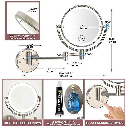 Bathroom Magnifying Makeup Mirror Wall Mounted with Light, Hardwired 7W LED Lighted Vanity Mirror, 360 Swivel 17.7 Inch Brass Extension Arm, Touch Dimmable, Brushed Nickel