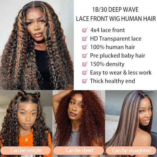 Super idol Ombre Highlight Lace Front Wigs Human Hair 1B/30 Black and Brown Deep Wave Wigs Honey Blonde Human Hair Pre Plucked with Baby Hair 150% Density (1B/30 Highlight Wig, 24 Inch)