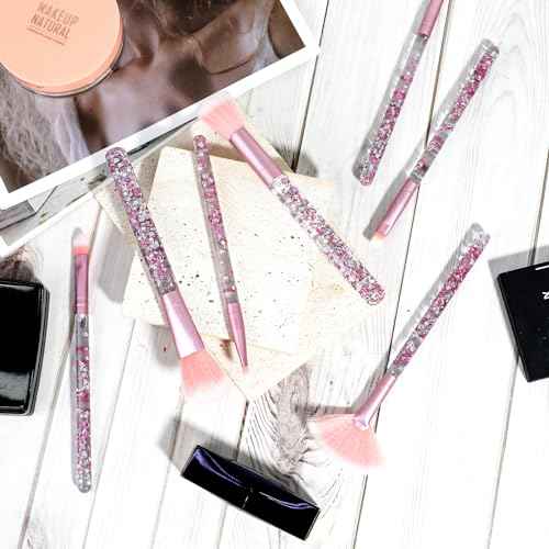 7 PCS Makeup Brushes, Crystal Sparkles Cute Fan Blush Foundation Powder Lip Highlight Eye Shadow Eyebrow Concealers Brush Set with Sequins Handle Professional Make up Blending Brush Pack for Girls