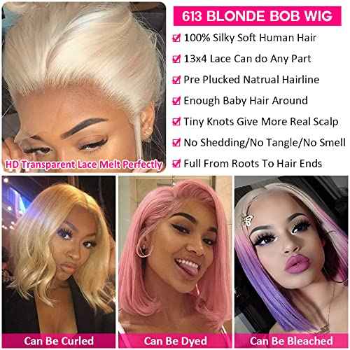 Flady 14 inch Blonde Bob Wig Human Hair 13x4 HD Lace Front Wigs Pre Plucked Hairline 180% Density Glueless Blunt Cut Straight Bob Wig