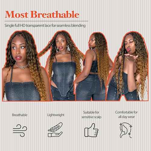 Single Full Lace Braid Wig ? Micro Boho Peruvian Deep Wave Box Braided Wig, Knotless Braided Wigs for Black Women, Curly Hair Wig, with Natural Baby Hair (#1 Jet Black, 32")