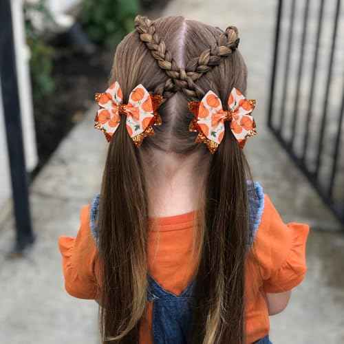 Happy Fall Thanksgiving Pumpkin Hair Bows Clips for Girls, 2pc 3.5" Glitter Orange Ribbon Bowknot Alligator Barrettes Hairpins Teens Toddlers Halloween Dress Outfit Decor Accessory Gift