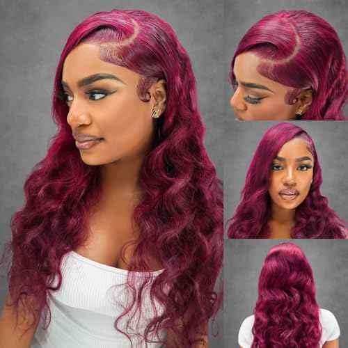 99J Burgundy Body Wave Lace Front Wig - 13x4 Human Hair, 150% Density, Bleached Knots, Natural Hairline, Glueless, Heat Resistant for Black Women 30 Inches, Soft & Silky (20 Inch)