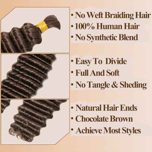 Human Braiding Hair For Braids 24 Inch 100g/2Bundles Deep Wave Bulk Human Hair For Braiding Wet And Wavy Human Hair Extensions For Braids 12A No Weft Deep Wave Bulk Human Hair Chocolate Brown