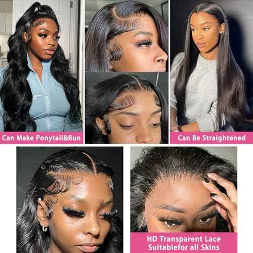 24 Inch Body Wave Lace Front Wigs Human Hair Pre Plucked 200 Density 13x4 HD Lace Frontal Wigs for Women Natural Black