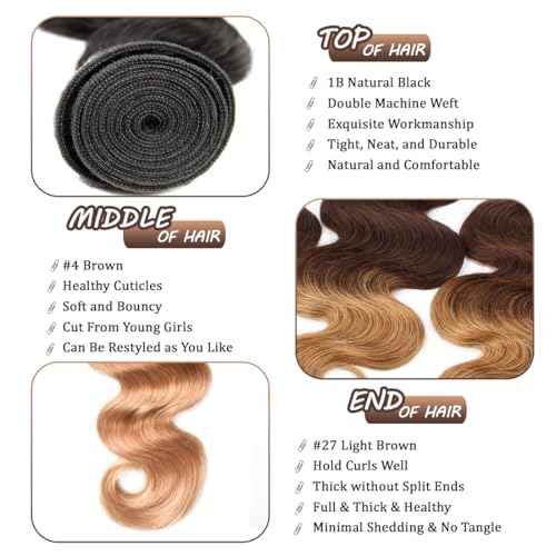 T1B/4/27 Bundles Ombre Human Hair Bundles 12A Unprocessed Virgin Hair 3 Bundles 20 20 20 Inch 3 Tone Brown and Honey Blonde Ombre Wavy Human Hair Bundle Deals for Quick Weave Colored Hair Extensions