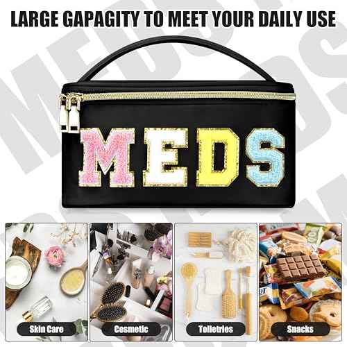Medicines Chenille Letter Bag Nylon Meds Makeup Pouch Preppy Path with Zipper and Handle Cosmetic Toiletry Storage Purse for Women Black